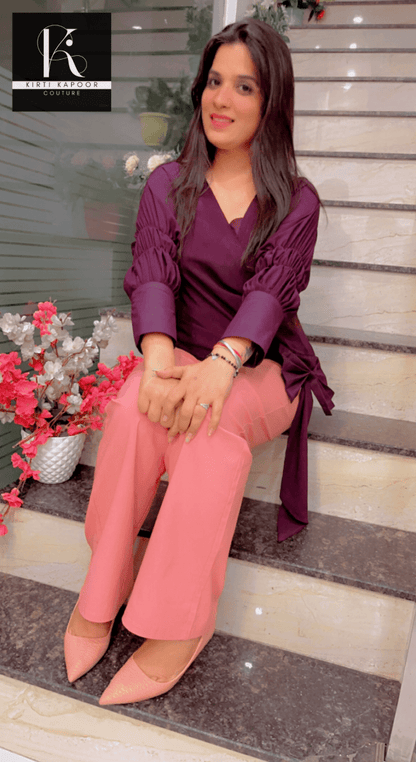 Wine Color Designer Top and Peach Pant Set - Kirti Kapoor Couture