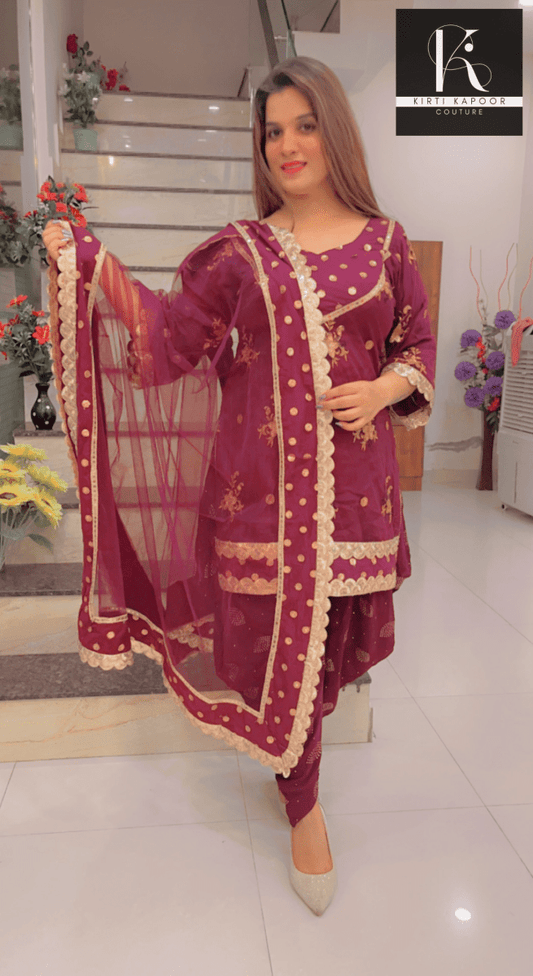 Wine Dhoti Suit With Designer Dupatta - Kirti Kapoor Couture