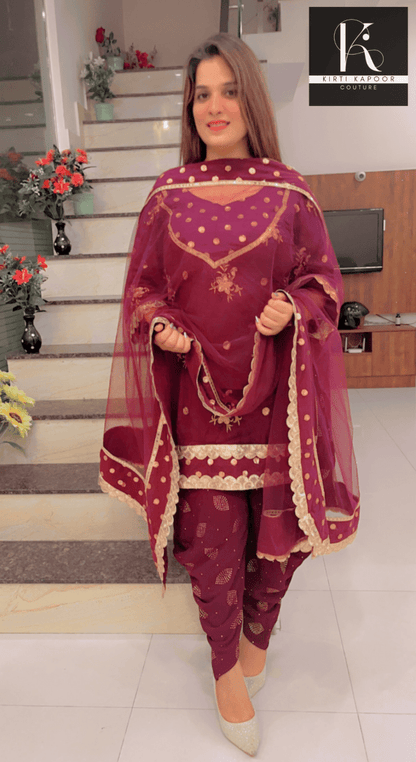 Wine Dhoti Suit With Designer Dupatta - Kirti Kapoor Couture
