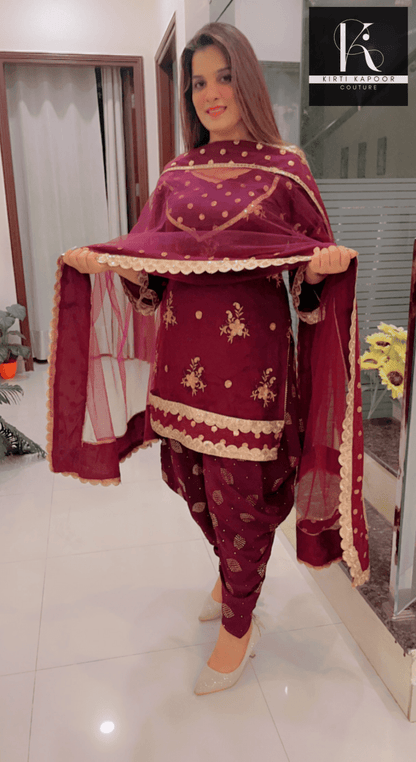 Wine Dhoti Suit With Designer Dupatta - Kirti Kapoor Couture