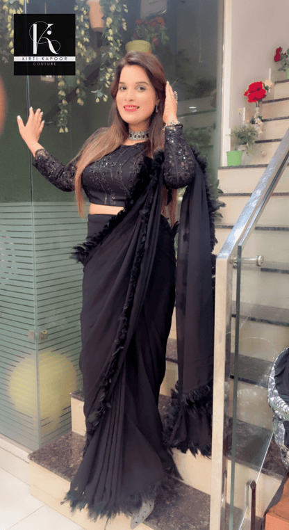 Worked fabric designer blouse with feather lace - worked saree - Kirti Kapoor Couture