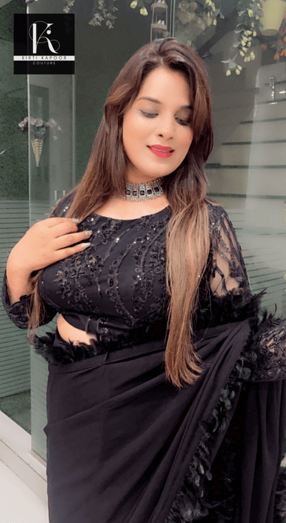 Worked fabric designer blouse with feather lace - worked saree - Kirti Kapoor Couture