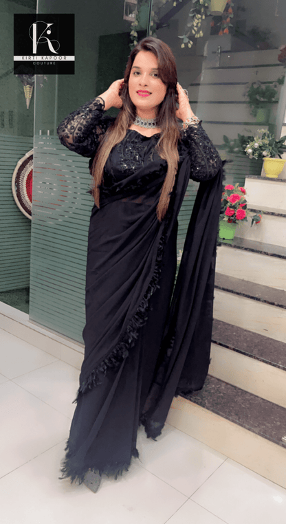 Worked fabric designer blouse with feather lace - worked saree - Kirti Kapoor Couture