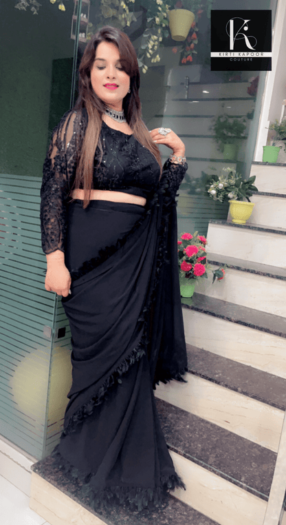 Worked fabric designer blouse with feather lace - worked saree - Kirti Kapoor Couture