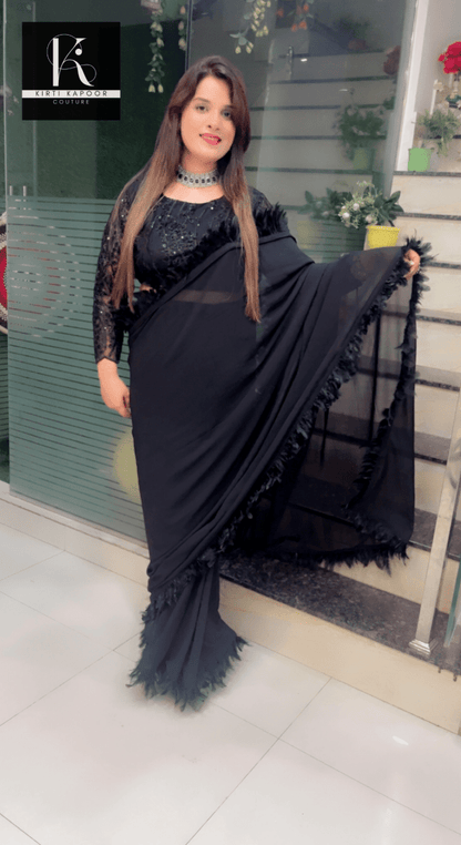 Worked fabric designer blouse with feather lace - worked saree - Kirti Kapoor Couture