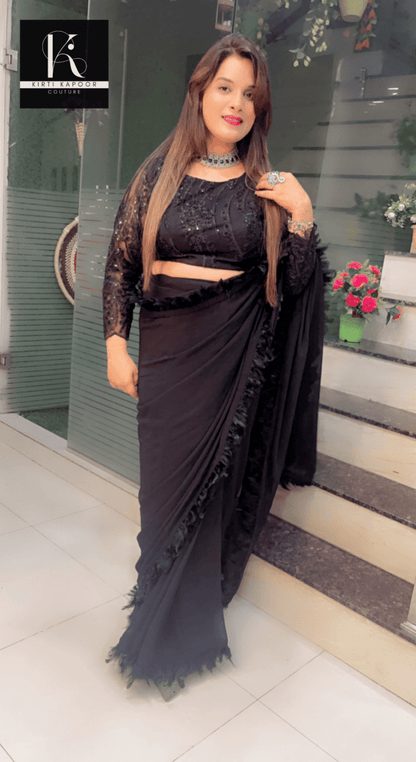 Worked fabric designer blouse with feather lace - worked saree - Kirti Kapoor Couture
