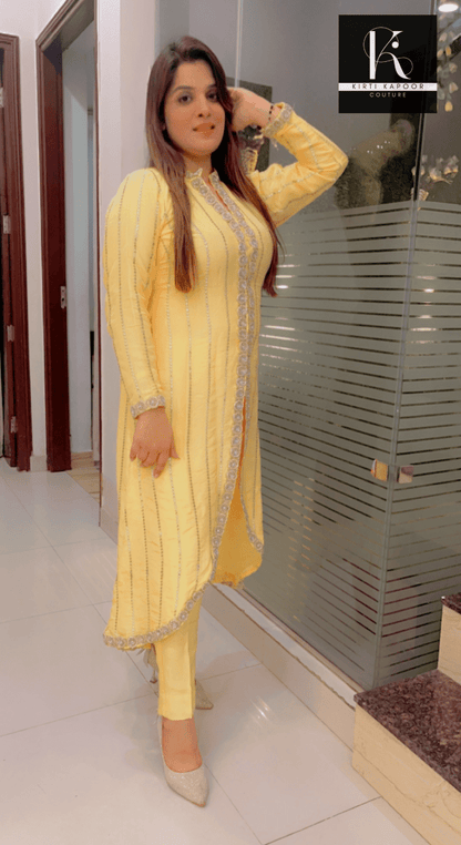 Worked Silk Jacket - Style Suit with Pants - Kirti Kapoor Couture