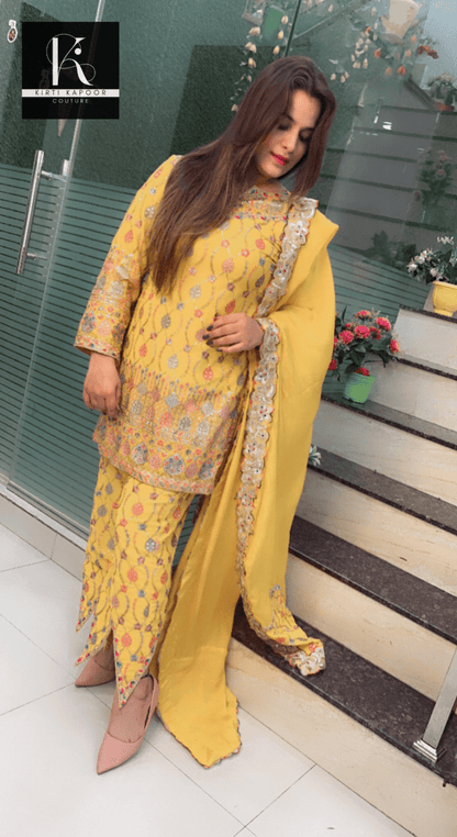 Yellow Boutique Fabric Suit with Cut - Worked Bottom - Kirti Kapoor Couture