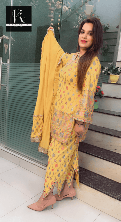 Yellow Boutique Fabric Suit with Cut - Worked Bottom - Kirti Kapoor Couture