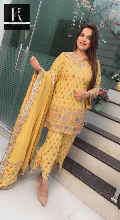 Yellow Boutique Fabric Suit with Cut - Worked Bottom - Kirti Kapoor Couture