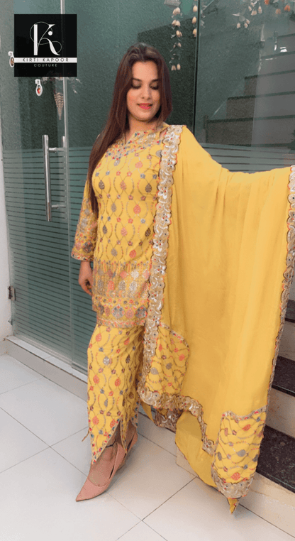 Yellow Boutique Fabric Suit with Cut - Worked Bottom - Kirti Kapoor Couture