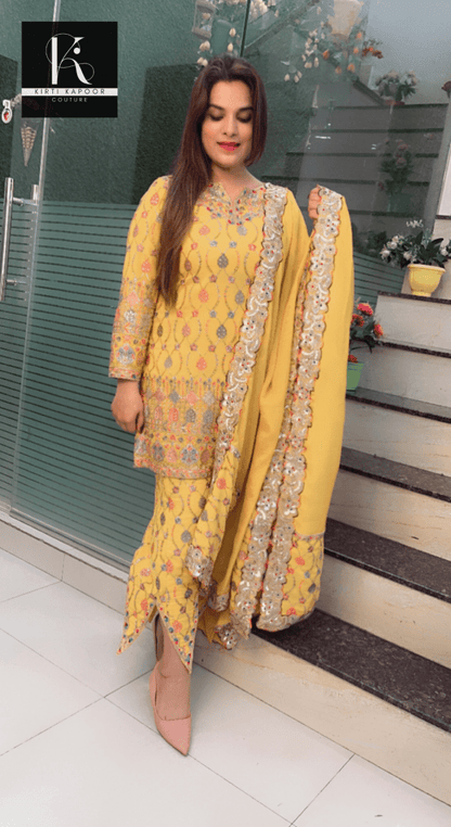 Yellow Boutique Fabric Suit with Cut - Worked Bottom - Kirti Kapoor Couture