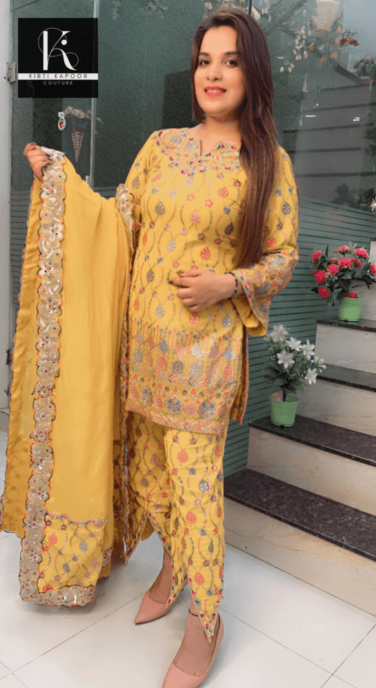 Yellow Boutique Fabric Suit with Cut - Worked Bottom - Kirti Kapoor Couture