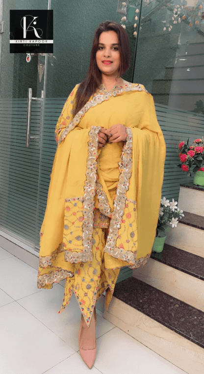 Yellow Boutique Fabric Suit with Cut - Worked Bottom - Kirti Kapoor Couture