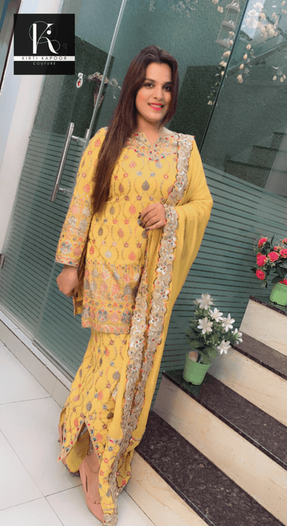 Yellow Boutique Fabric Suit with Cut - Worked Bottom - Kirti Kapoor Couture