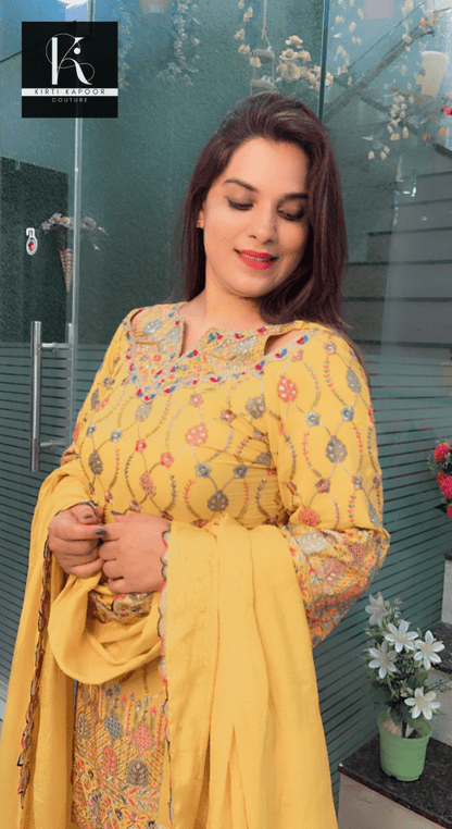 Yellow Boutique Fabric Suit with Cut - Worked Bottom - Kirti Kapoor Couture