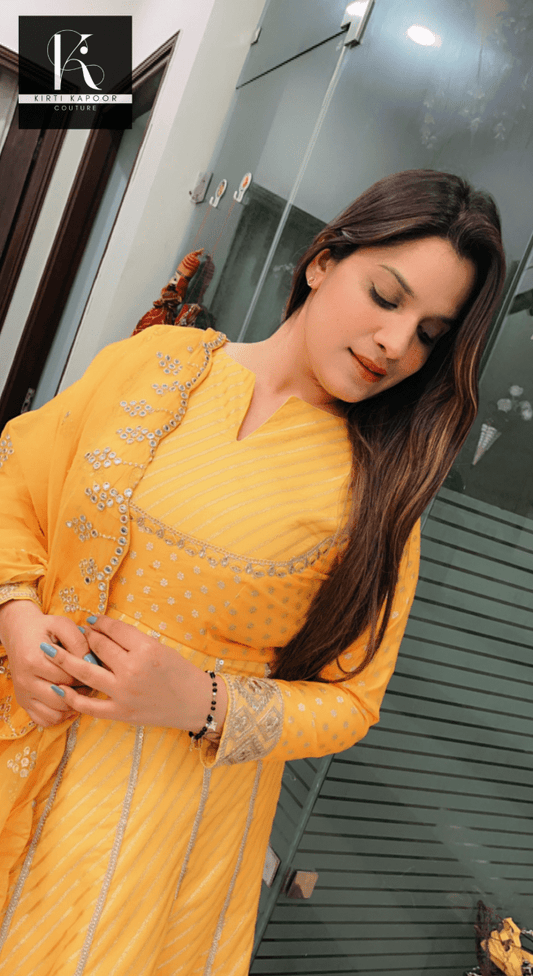 Yellow Brocade Anarkali Suit - Kirti Kapoor Couture