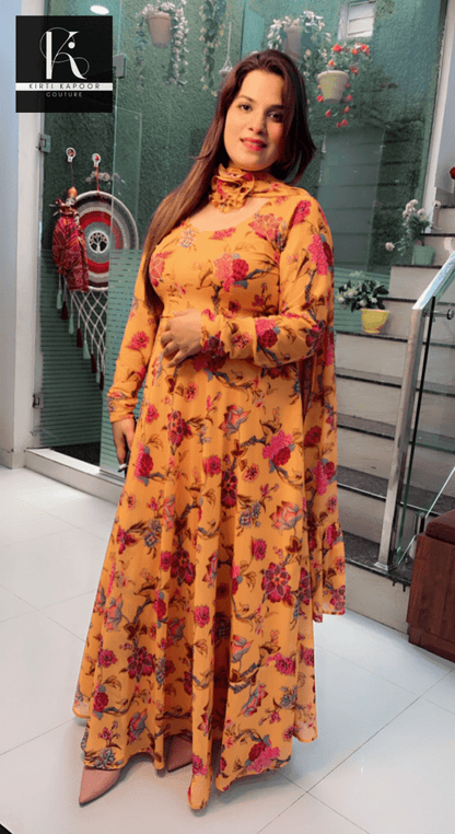Yellow Georgette Printed Gown with Designer Dupatta - Kirti Kapoor Couture
