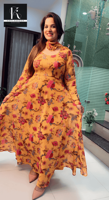 Yellow Georgette Printed Gown with Designer Dupatta - Kirti Kapoor Couture