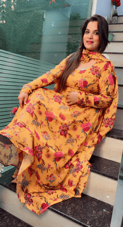 Yellow Georgette Printed Gown with Designer Dupatta - Kirti Kapoor Couture