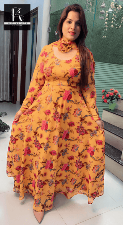 Yellow Georgette Printed Gown with Designer Dupatta - Kirti Kapoor Couture