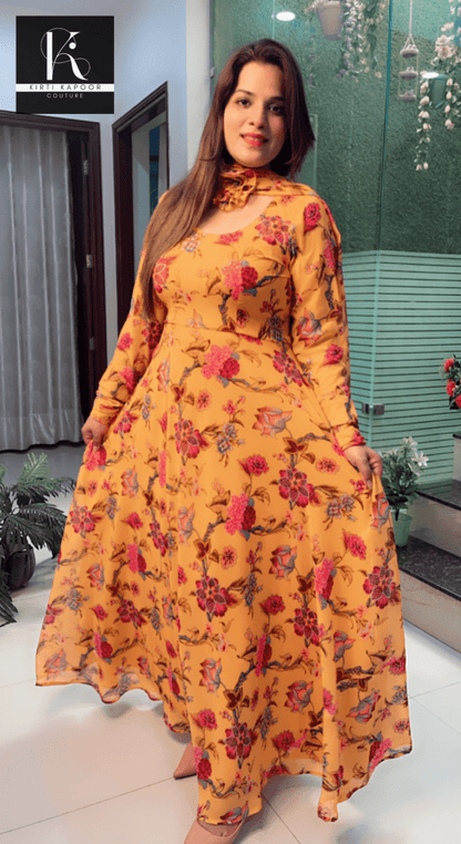 Yellow Georgette Printed Gown with Designer Dupatta - Kirti Kapoor Couture