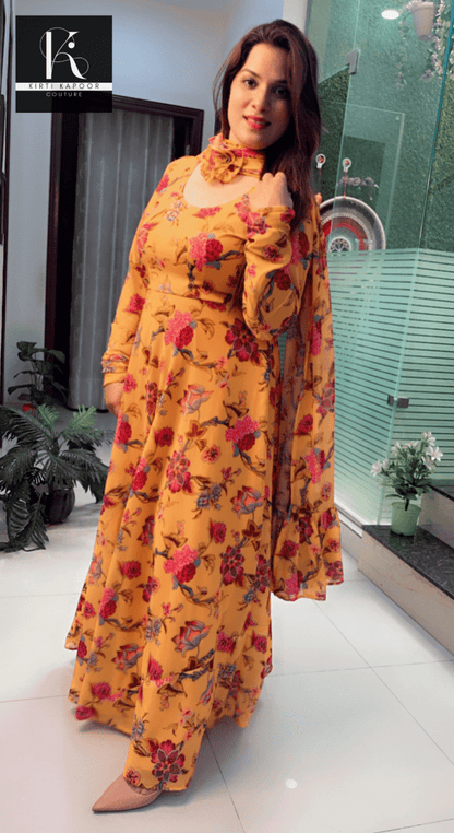 Yellow Georgette Printed Gown with Designer Dupatta - Kirti Kapoor Couture