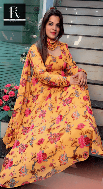 Yellow Georgette Printed Gown with Designer Dupatta - Kirti Kapoor Couture