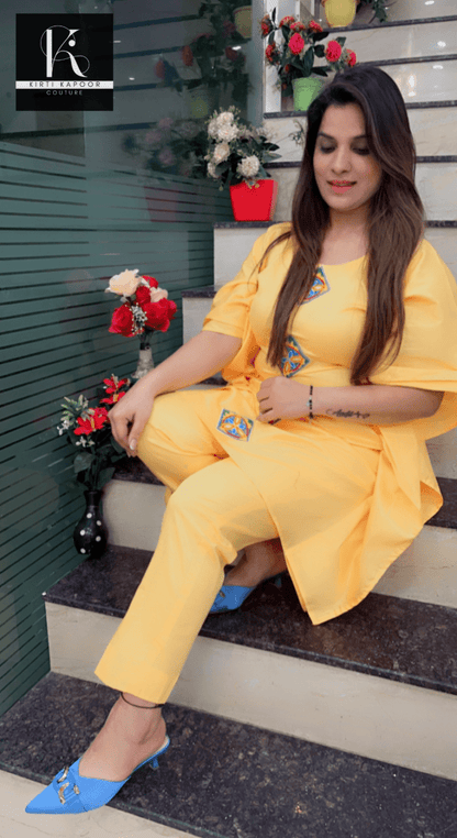 Yellow Kaftan with Matching Pant (Contrasting Blue Patch - Work) - Kirti Kapoor Couture