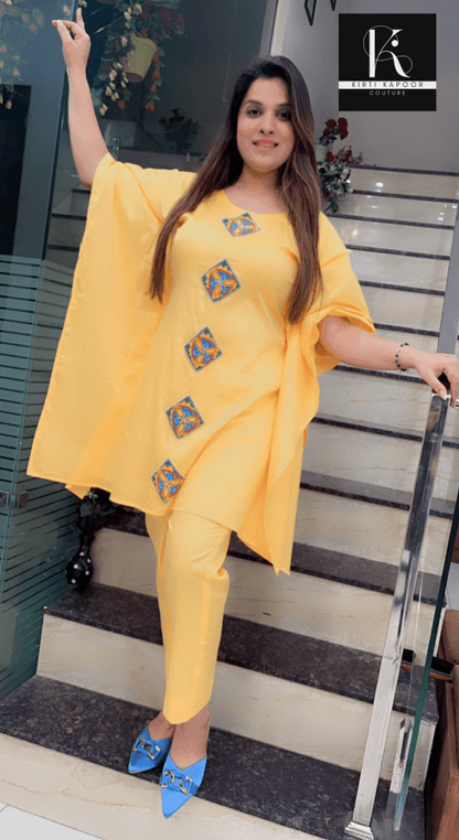Yellow Kaftan with Matching Pant (Contrasting Blue Patch - Work) - Kirti Kapoor Couture