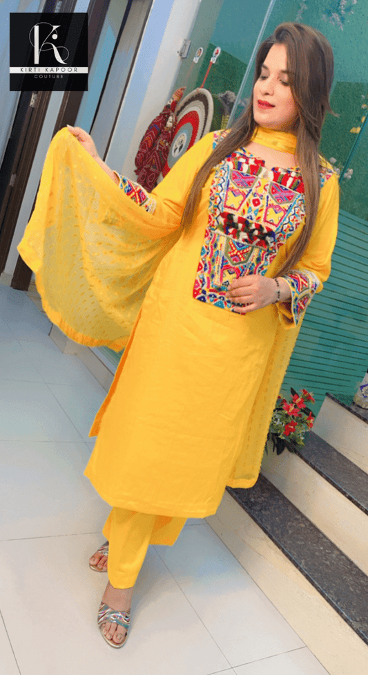 Yellow Multi - Colored Worked Suit with Dotted Dupatta - Kirti Kapoor Couture