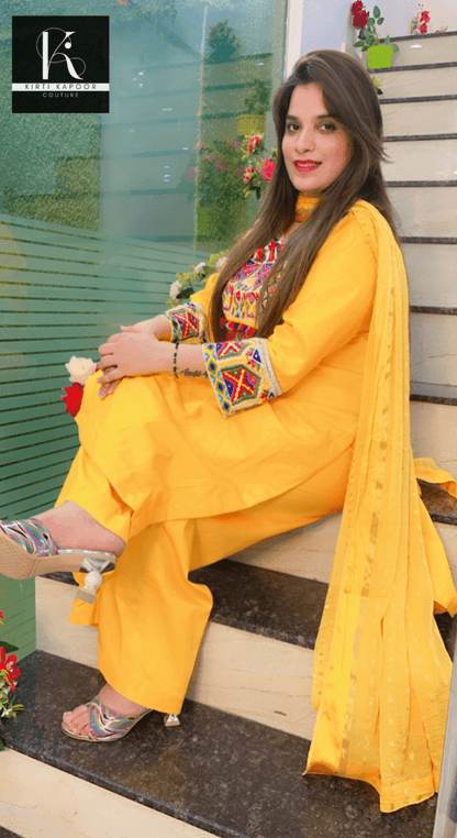 Yellow Multi - Colored Worked Suit with Dotted Dupatta - Kirti Kapoor Couture