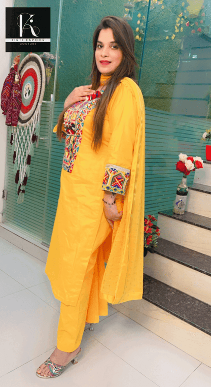 Yellow Multi - Colored Worked Suit with Dotted Dupatta - Kirti Kapoor Couture