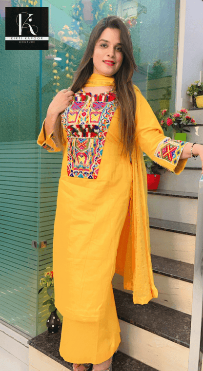 Yellow Multi - Colored Worked Suit with Dotted Dupatta - Kirti Kapoor Couture