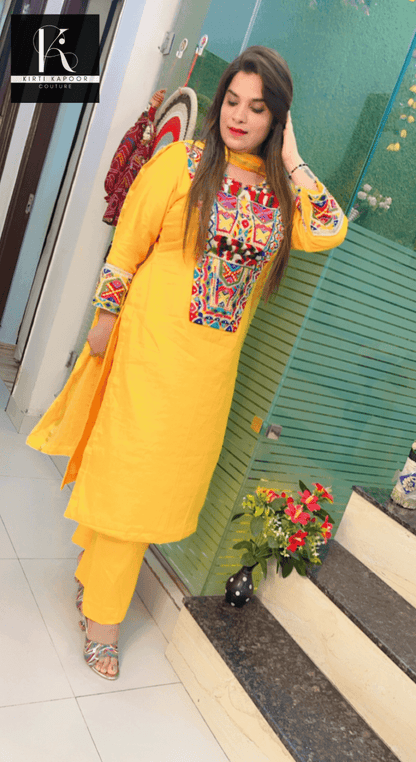 Yellow Multi - Colored Worked Suit with Dotted Dupatta - Kirti Kapoor Couture