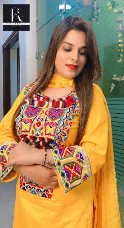 Yellow Multi - Colored Worked Suit with Dotted Dupatta - Kirti Kapoor Couture