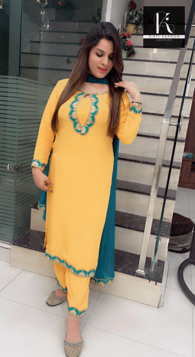 Yellow Pant Suit with Cyan Blue Highlights - Kirti Kapoor Couture