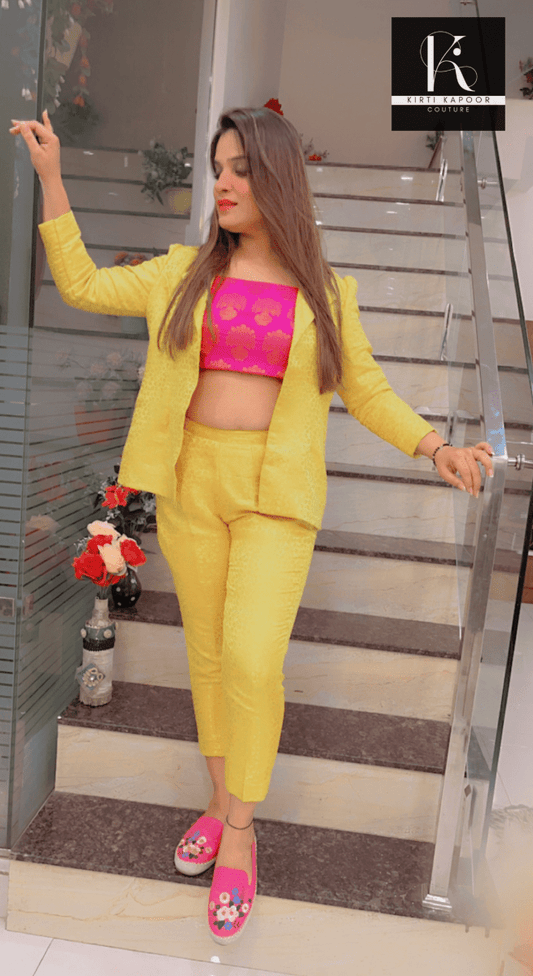 Yellow - Pink Brocade Co - ord Set - Kirti Kapoor Couture